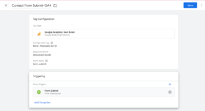 Google Tag Manager final tag setup for contact form tracking in GA4