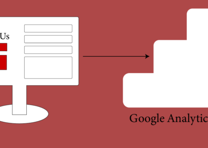 Gravity Forms graphic point to Google Analytics graphic on a red background in the shape of a sales tag. Depicting data transfer from one platform to the other