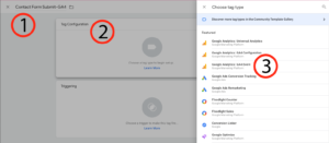 Google Tag Manager setting up a GA4 Event for submitting a contact form. Showing list of tag type options