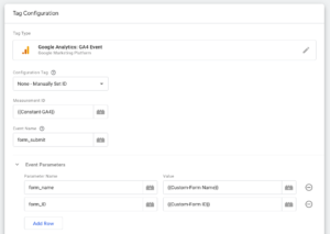 Google Tag Manager tag with GA4 event and event parameters to track from name and ID