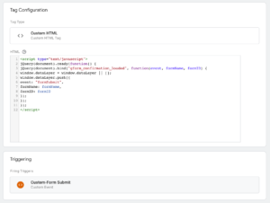 Google Tag manger tag with custom HTML script to listen for events. A trigger is attached to fire on custom events