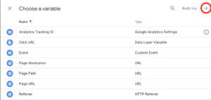 Partial list of tag manager variables with add new symbol highlighted